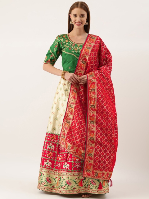 

Kvsfab Women White & Red Embroidered Semi- Stitched & Unstitched Lehenga Choli, Off white