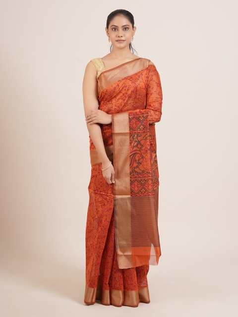 

Pothys Orange & Gold-Toned Floral Silk Blend Saree