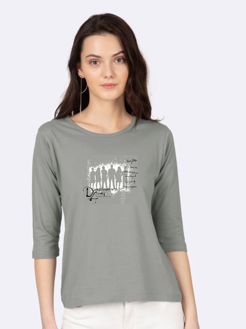 

Bewakoof Women Grey Typography Printed Drop-Shoulder Sleeves T-shirt