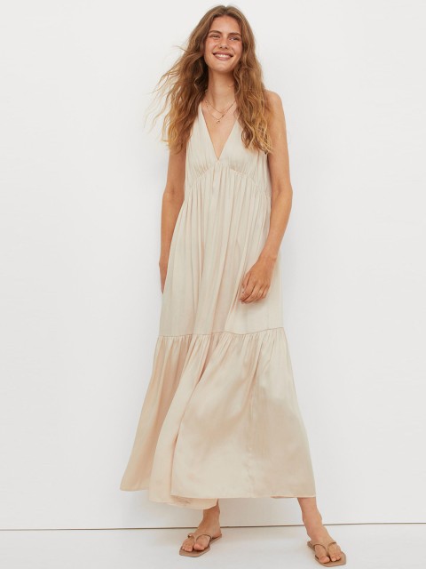 

H&M Women Beige A-Line Tiered Gathered & Pleated Maxi Dress