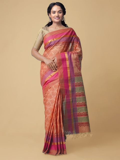 

Unnati Silks Peach Ethnic Motifs Pure Cotton Mangalagiri Saree