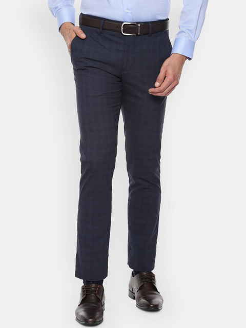 

Louis Philippe Men Navy Blue Checked Slim Fit Formal Trousers