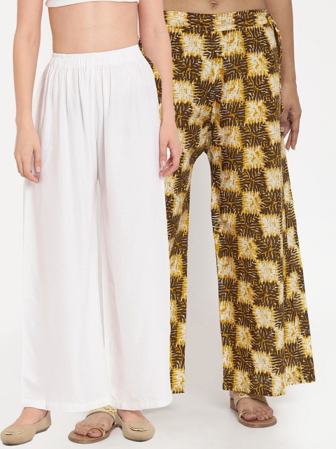 

TAG 7 Women Set of 2 White & Olive Green Ethnic Palazzos