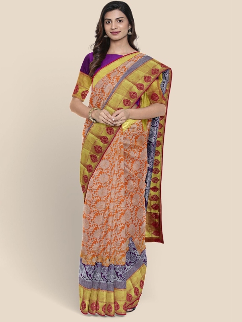 

Kalamandir Orange & Blue Woven Design Zari Silk Blend Kanjeevaram Saree