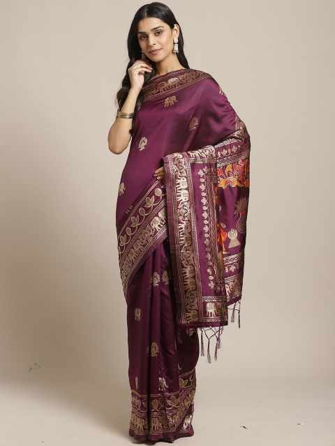 

Saree mall Burgundy & Gold-Toned Ethnic Motifs Silk Blend Banarasi Sarees