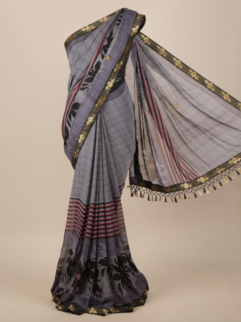 

Pothys Blue & Grey Floral Zari Poly Chiffon Saree