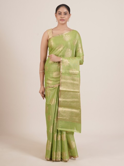 

Pothys Green & Gold-Toned Ethnic Motifs Zari Tissue Saree
