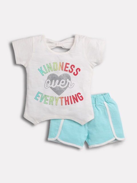 

TAMBOURINE Girls Off White & Turquoise Blue Printed T-shirt with Shorts