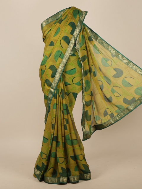 

Pothys Green & Mustard Printed Poly Chiffon Saree
