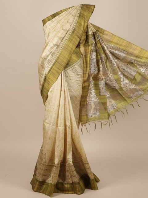 

Pothys Cream & Olive Green Ethnic Motifs Jute Silk Saree