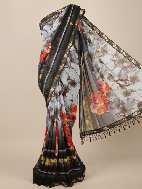 

Pothys Grey & Black Floral Poly Chiffon Chanderi Saree