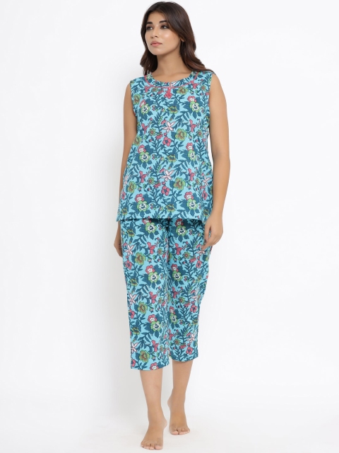 

ANAISA Women Blue & Green Cotton Printed Night Suit