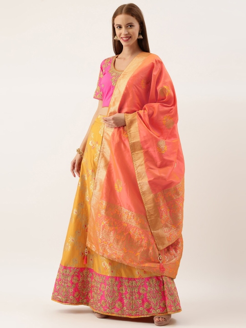 

Kvsfab Women Pink & Yellow Woven Design Lehenga Choli