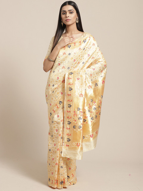 

Saree mall Cream & Navy Blue Woven Design Zari Silk Blend Banarasi Sarees