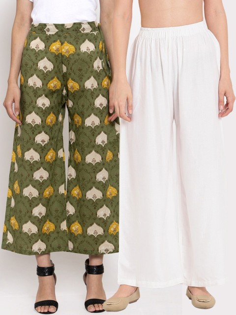 

TAG 7 Women Pack of 2 White & Green Ethnic Motifs Palazzos