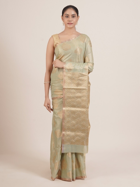 

Pothys Green & Gold-Toned Ethnic Motifs Zari Tissue Saree