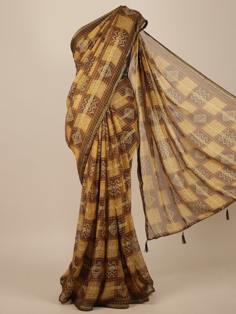 

Pothys Gold & Brown Checked Poly Chiffon Saree