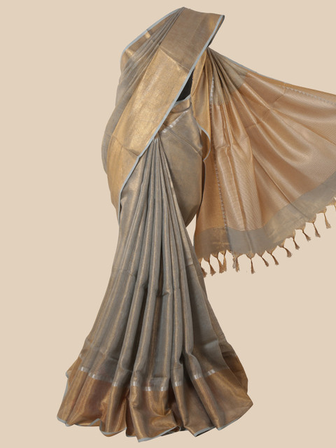 

Pothys Grey & Brown Zari Linen Blend Saree