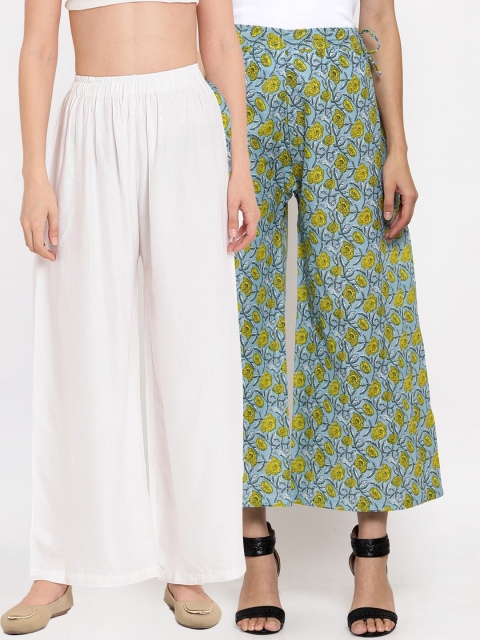

TAG 7 Women Pack of 2 White & Turquoise Blue Floral Flared Ethnic Palazzos