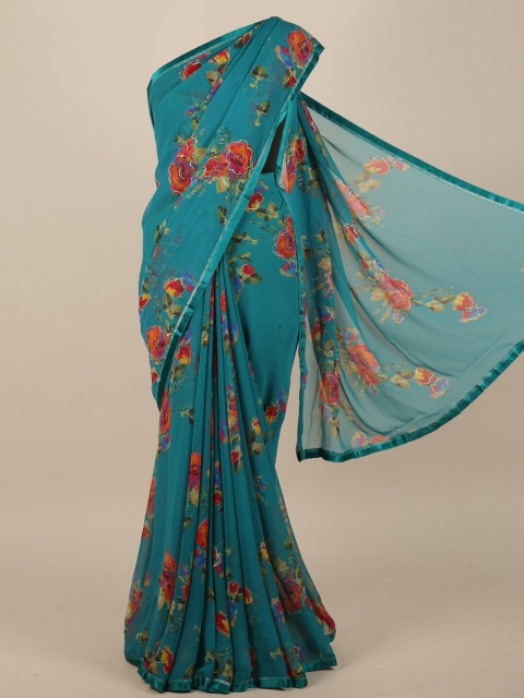 

Pothys Teal Floral Poly Chiffon Saree