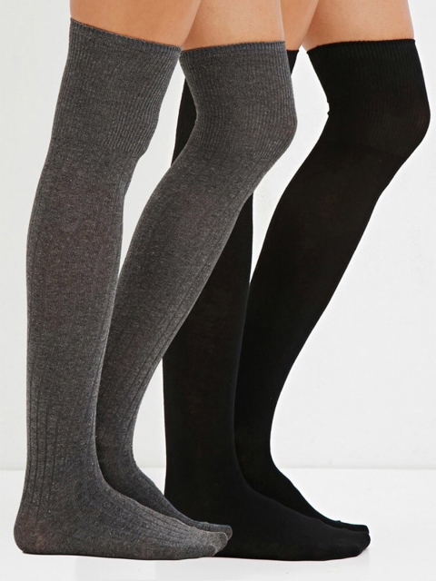 

FOREVER 21 Women Pack Of 2 Solid Ribbed Over-the-Knee Length Socks, Grey