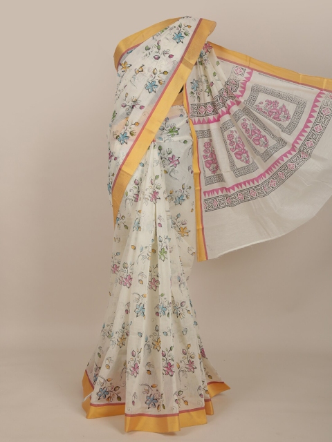 

Pothys Off White & Blue Floral Cotton Blend Saree