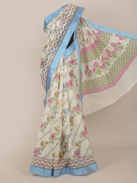 

Pothys Off White & Blue Floral Pure Cotton Saree