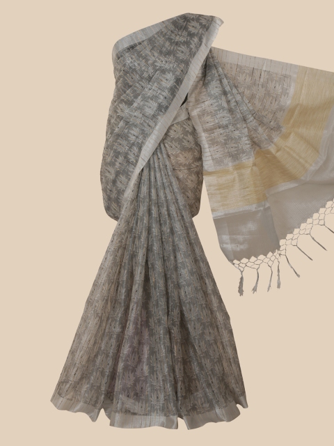 

Pothys Grey & Silver-Toned Floral Tissue Saree