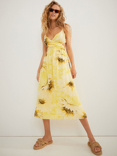 

H&M Women Yellow Floral Printed V-Neck Pure Cotton Fit & Flare Dress