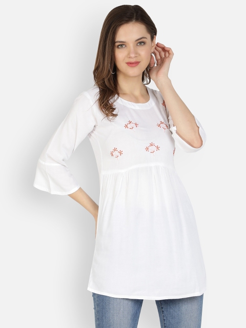 

Dipsha White & Red Floral Embroidered Flared Sleeves Thread Work Kurti
