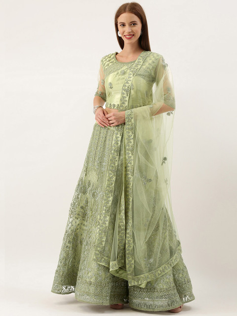 

Kvsfab Women Green Embroidered Semi-Stitched Lehenga & Unstitched Blouse With Dupatta