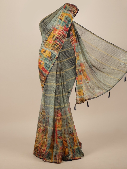 

Pothys Navy Blue & Green Checked Poly Chiffon Saree