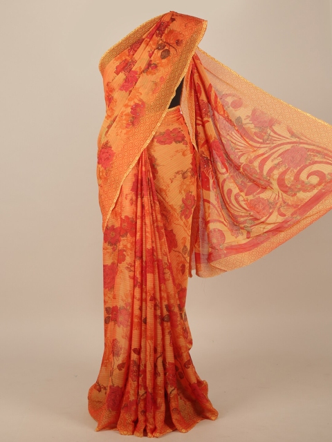 

Pothys Orange & Red Floral Beads and Stones Saree