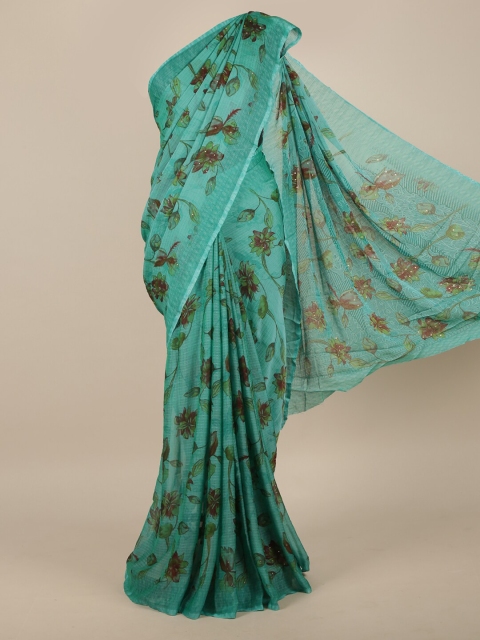 

Pothys Sea Green & Brown Floral Poly Chiffon Saree