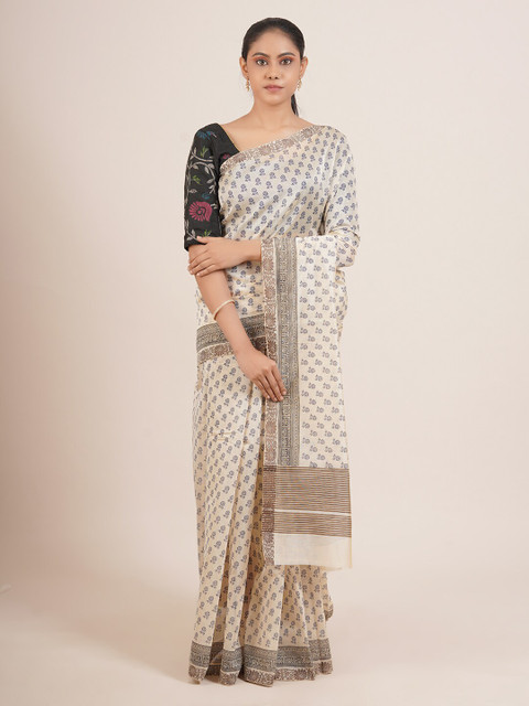 

Pothys Cream & Black Floral Silk Blend Saree