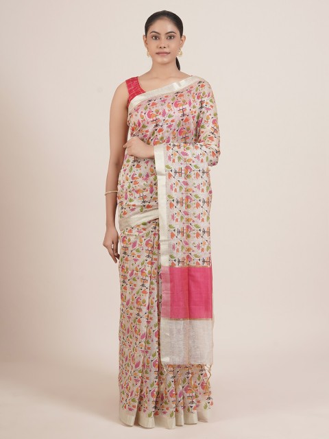 

Pothys Cream & Orange Cotton Blend Warli Saree