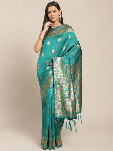 

Saree mall Blue & Gold-Toned Woven Design Zari Silk Blend Banarasi Sarees