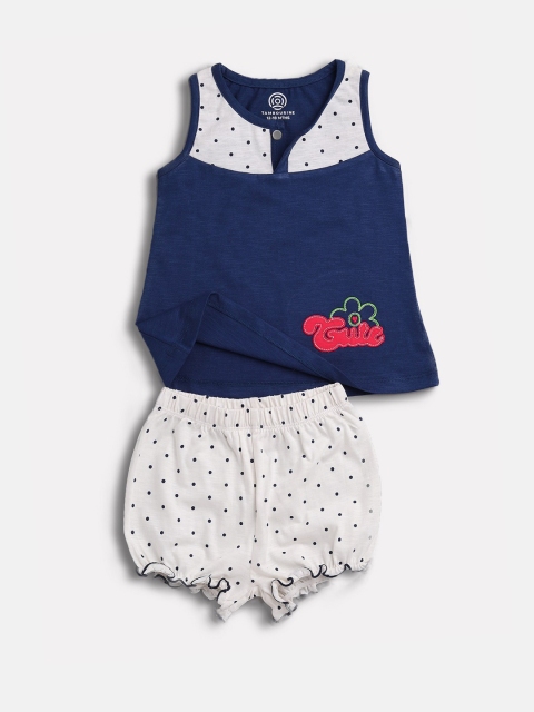 

TAMBOURINE Girls Navy Blue & White Printed Cotton Top with Shorts