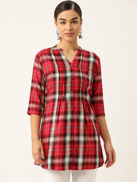 

One Femme Red & White Mandarin Collar Checked Tunic