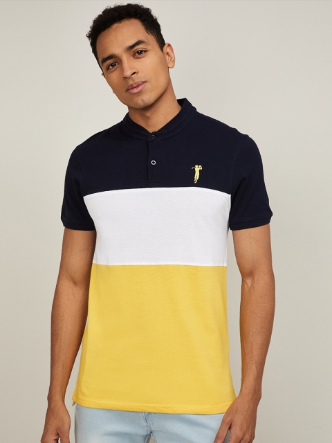 

Bossini Men vy Blue Colourblocked Mandarin Collar Slim Fit T-shirt, Navy blue