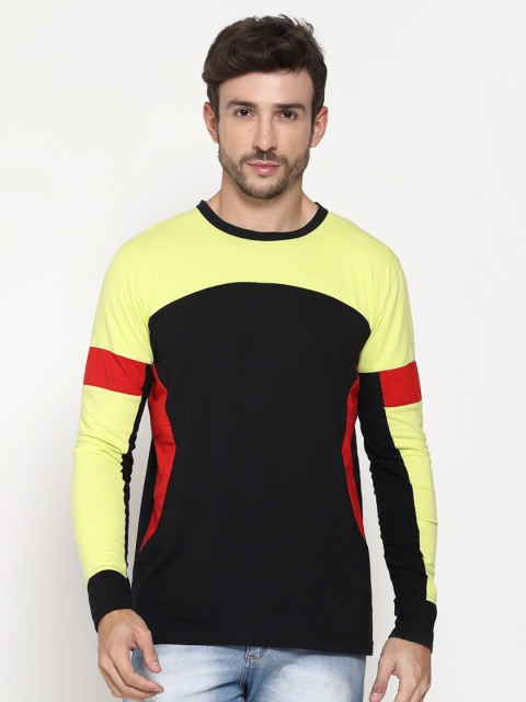 

PAUSE SPORT Men Black & Yellow Colourblocked Slim Fit T-shirt