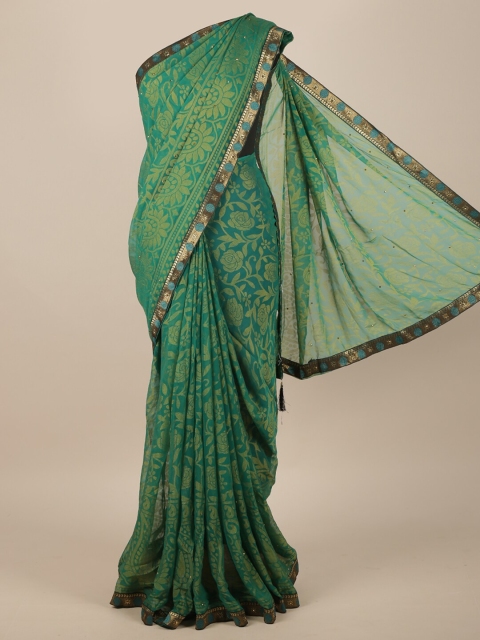 

Pothys Green & Gold-Toned Floral Zari Poly Chiffon Saree
