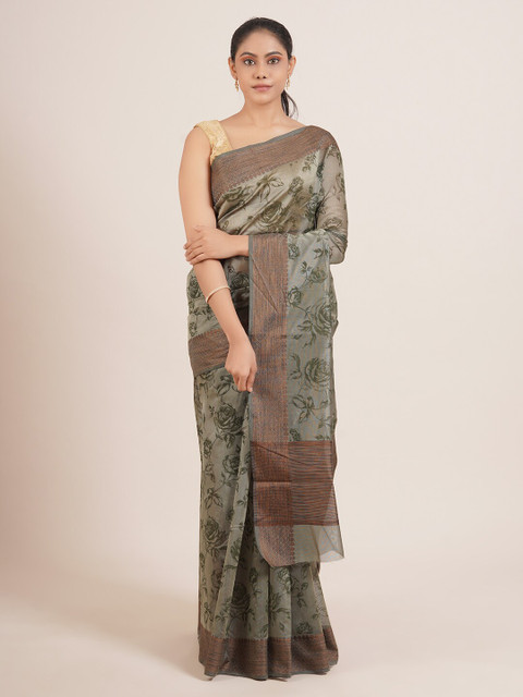 

Pothys Olive & Brown Floral Silk Blend Saree