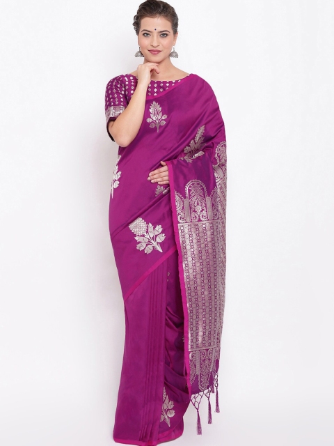 

Kvsfab Purple & Silver-Toned Floral Zari Silk Blend Saree