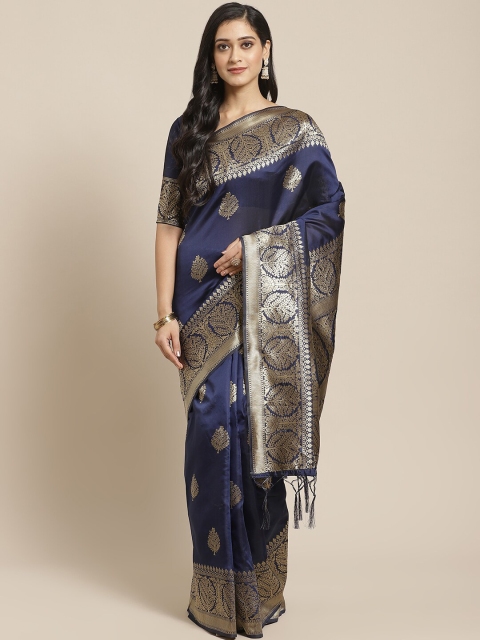 

Saree mall Navy Blue & Silver-Toned Ethnic Motifs Silk Blend Banarasi Sarees