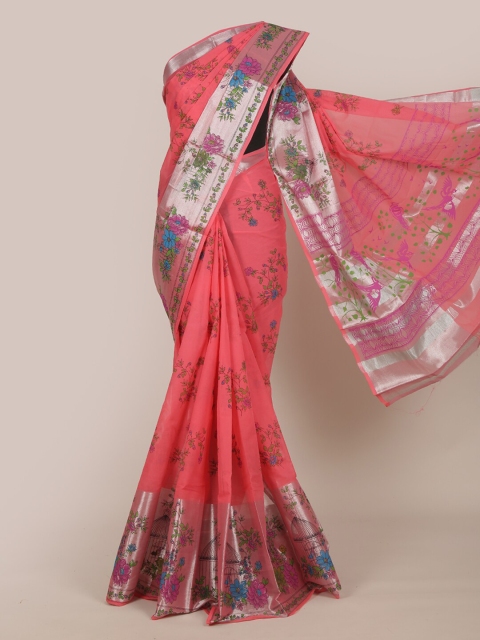 

Pothys Pink & Silver-Toned Floral Zari Pure Cotton Saree