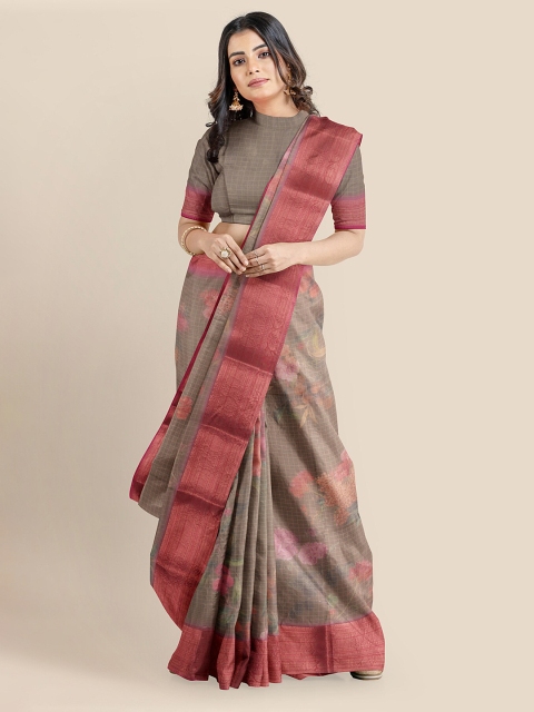 

KLM Fashion Mall Taupe & Pink Floral Silk Blend Banarasi Saree