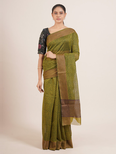 

Pothys Green & Brown Silk Blend Saree