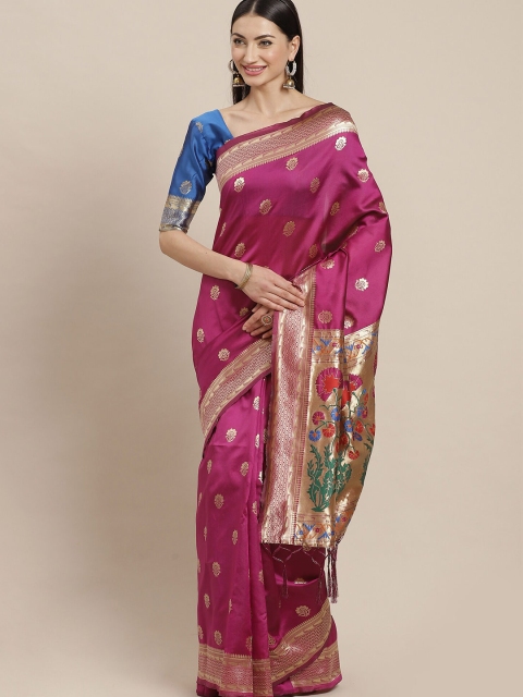 

Saree mall Pink & Gold-Toned Woven Design Zari Silk Blend Banarasi Sarees
