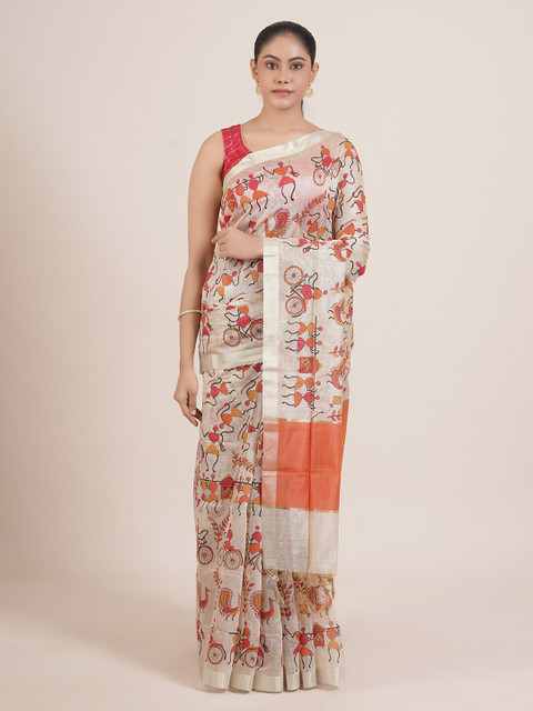 

Pothys Cream & Orange Warli Zari Saree